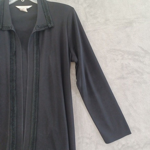 Misook Lg  Cardigan Open Collared Black Fringe Long Sleeve Liquid Knit Travel - Picture 8 of 11